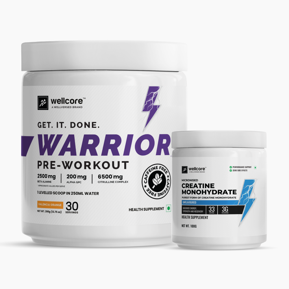 Wellcore - Advanced Energy COMBO - Creatine Monohydrate (100g, 33 Servings) and Caffeine Free Pre Workout (390g, 30 Servings) | Amplified Strength & Power | Pre-workout and Creatine Supplement