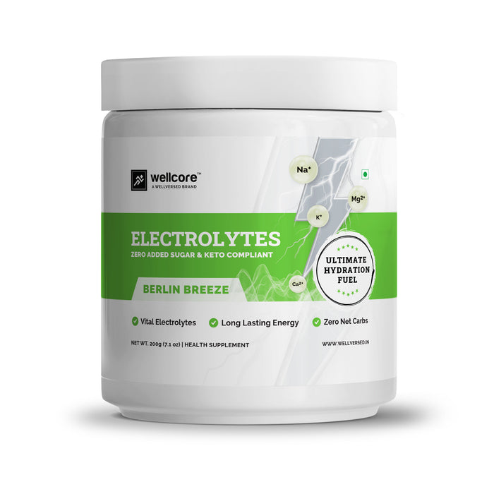 Wellcore - Electrolytes (200g, 40 servings) | Berlin Breeze | Electrolyte Drink With 5 Vital Electrolytes: Na, Mg, Ca, K, PO4 | Sugar Free Electrolyte Powder | Fat Fuel Powered Keto Electrolyte Powder