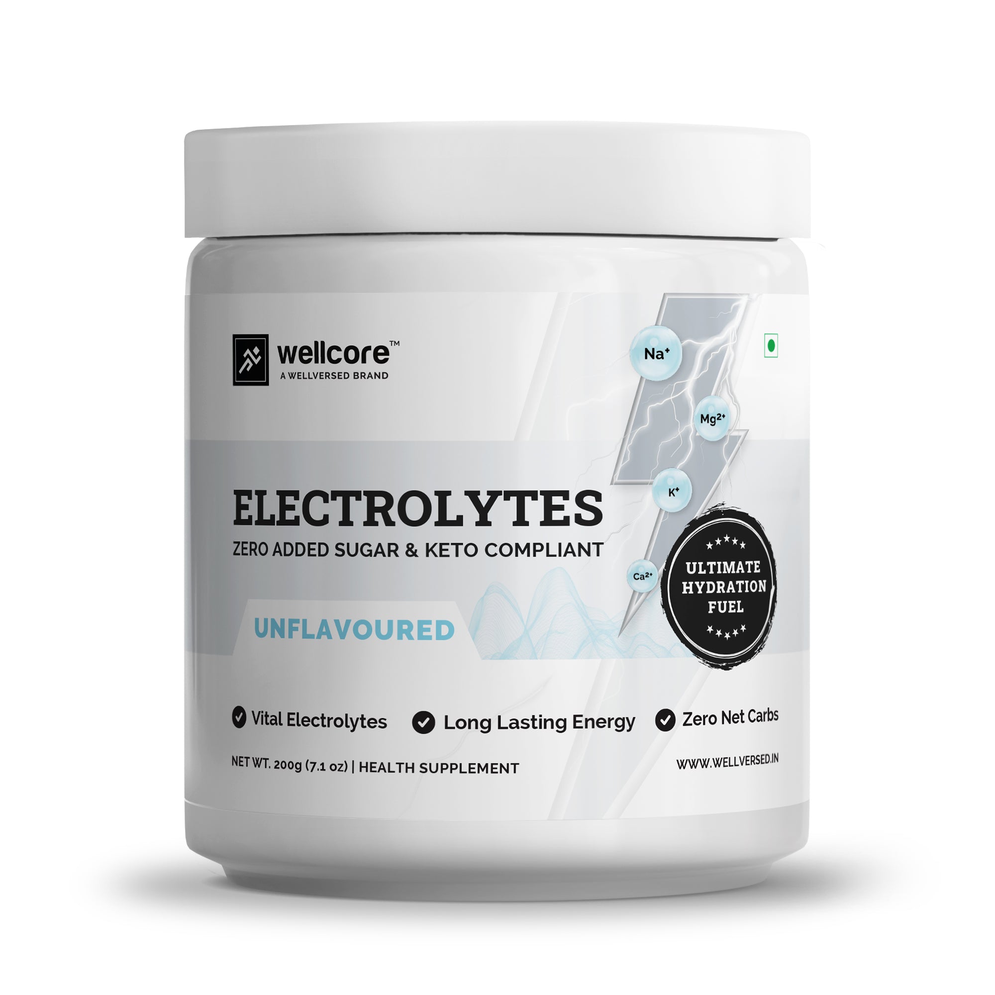 Wellcore - Electrolytes (200g, 57 servings) | Unflavoured | Electrolyte Drink With 5 Vital Electrolytes: Na, Mg, Ca, K, PO4 | Sugar Free Electrolyte Powder | Fat Fuel Powered Keto Electrolyte Powder