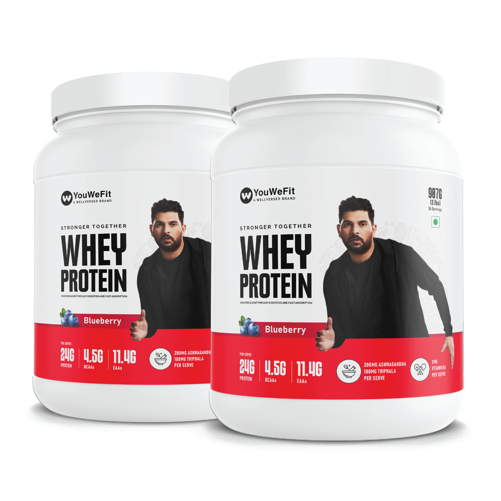 YouWeFit - Whey Protein (2X2lbs/ 907g) | Blueberry Protein Shake | 24g Protein, 4.5g BCAA | Easily Digestible | Protein Powder for Men and Women