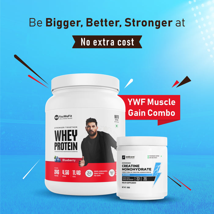 YouWeFit - Whey Protein (2lbs/ 907g) | Blueberry Protein Shake | 24g Protein, 4.5g BCAA | Easily Digestible | Protein Powder for Men and Women