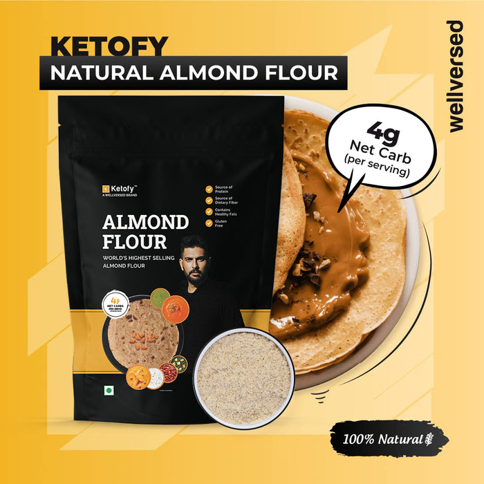 Ketofy - Almond Flour (1kg) | Almond Powder with Skin | Adds Rich Texture and Taste to Baked Goods | 4g Net Carbs | Ultra Low GI & Gluten Free Atta