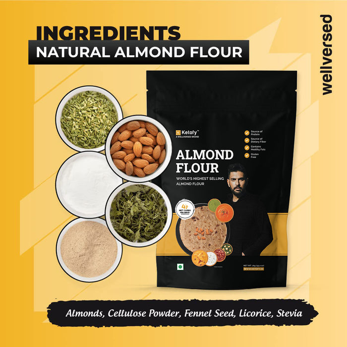 Ketofy - Almond Flour (1kg) | Almond Powder with Skin | Adds Rich Texture and Taste to Baked Goods | 4g Net Carbs | Ultra Low GI & Gluten Free Atta